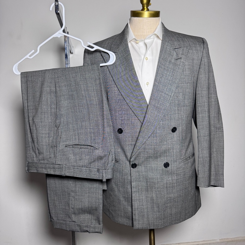 Profilo Suit Mens 38R W32 L28 Grey Double Breasted Virgin Wool Vintage